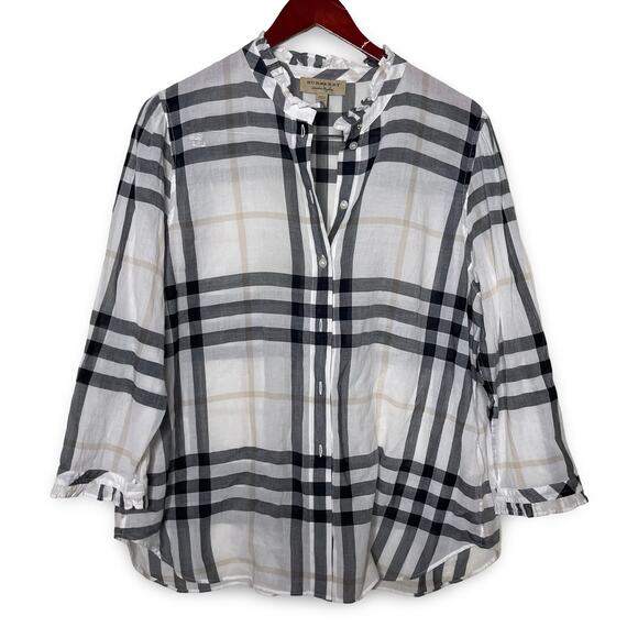Burberry White Black Plaid Print Three-Quarter Sleeve Button-Up Top sz 12 - Picture 1 of 9